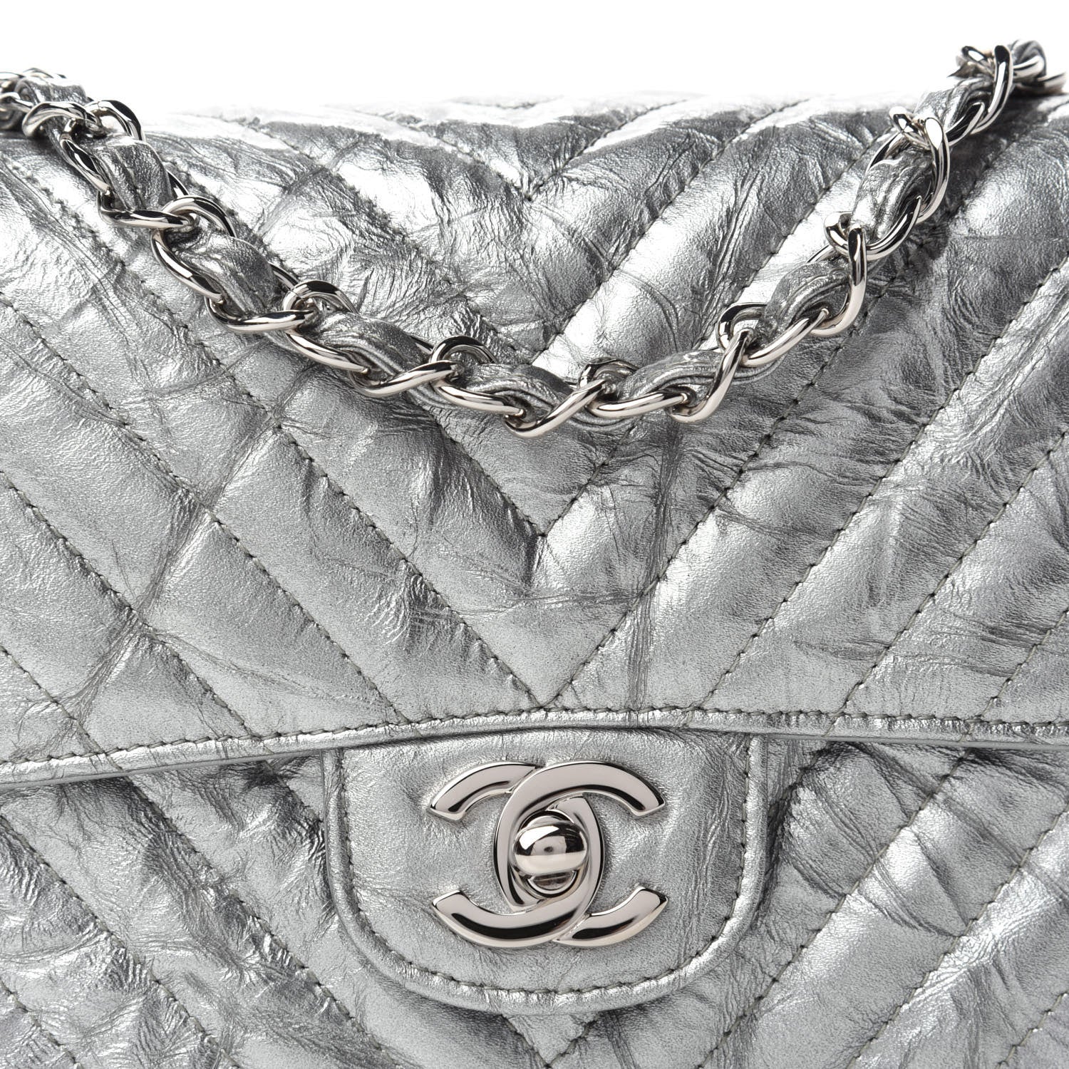 Chanel Metallic Patent Crumpled Calfskin Chevron Quilted Mini Square Flap Silver 11 of 12