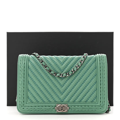 Chanel Calfskin Chevron Quilted Braided Boy Wallet On Chain WOC Blue 13 of 13