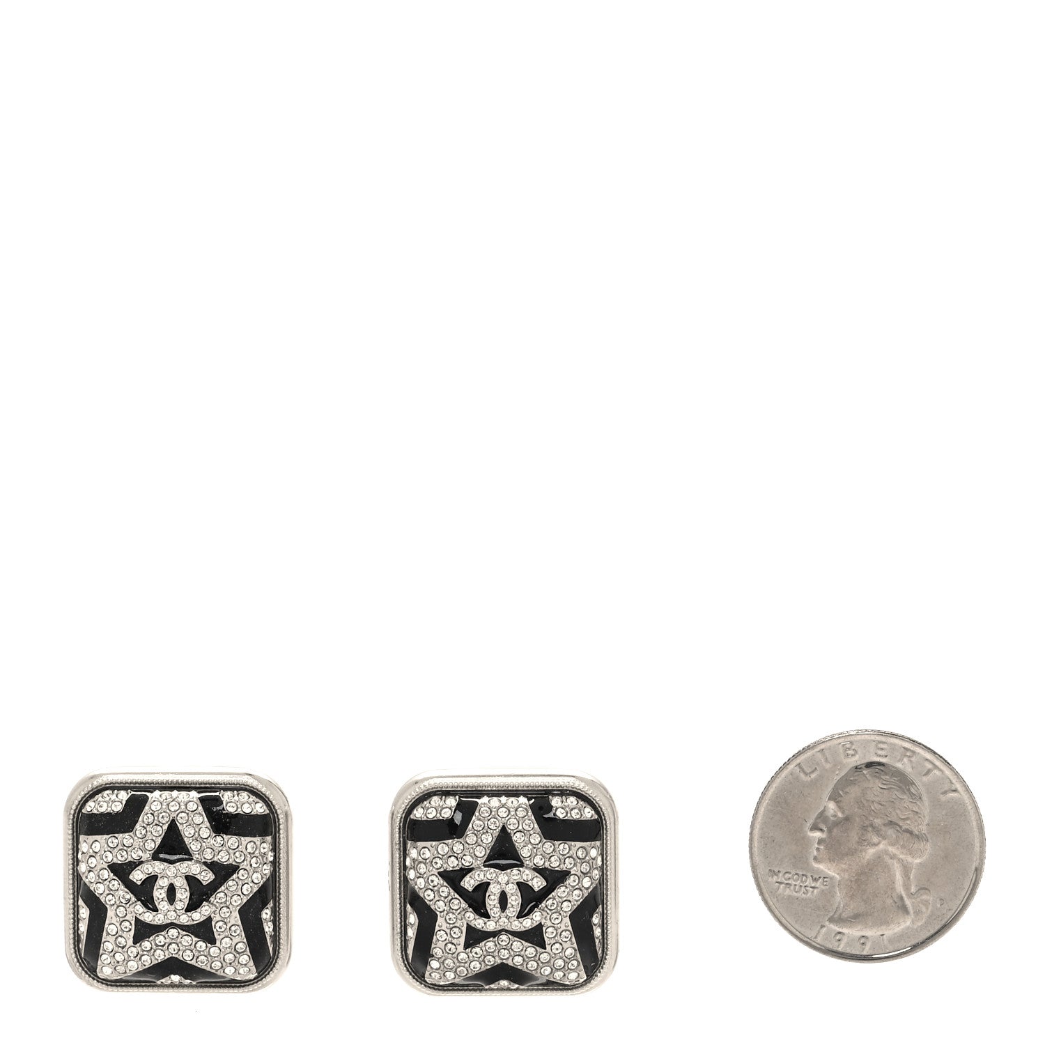 Chanel Crystal Star Square CC Earrings Silver Black 2 of 4