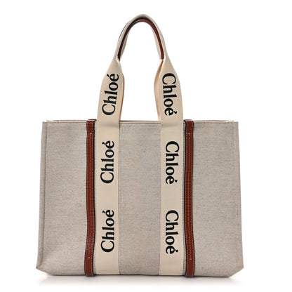 Chloe Cotton Calfskin Large Woody Ribbon Tote White Brown 1 of 10