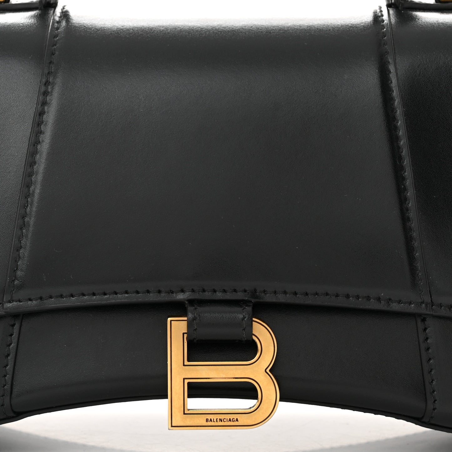 Shiny Box Calfskin Small Hourglass Top Handle Bag Black