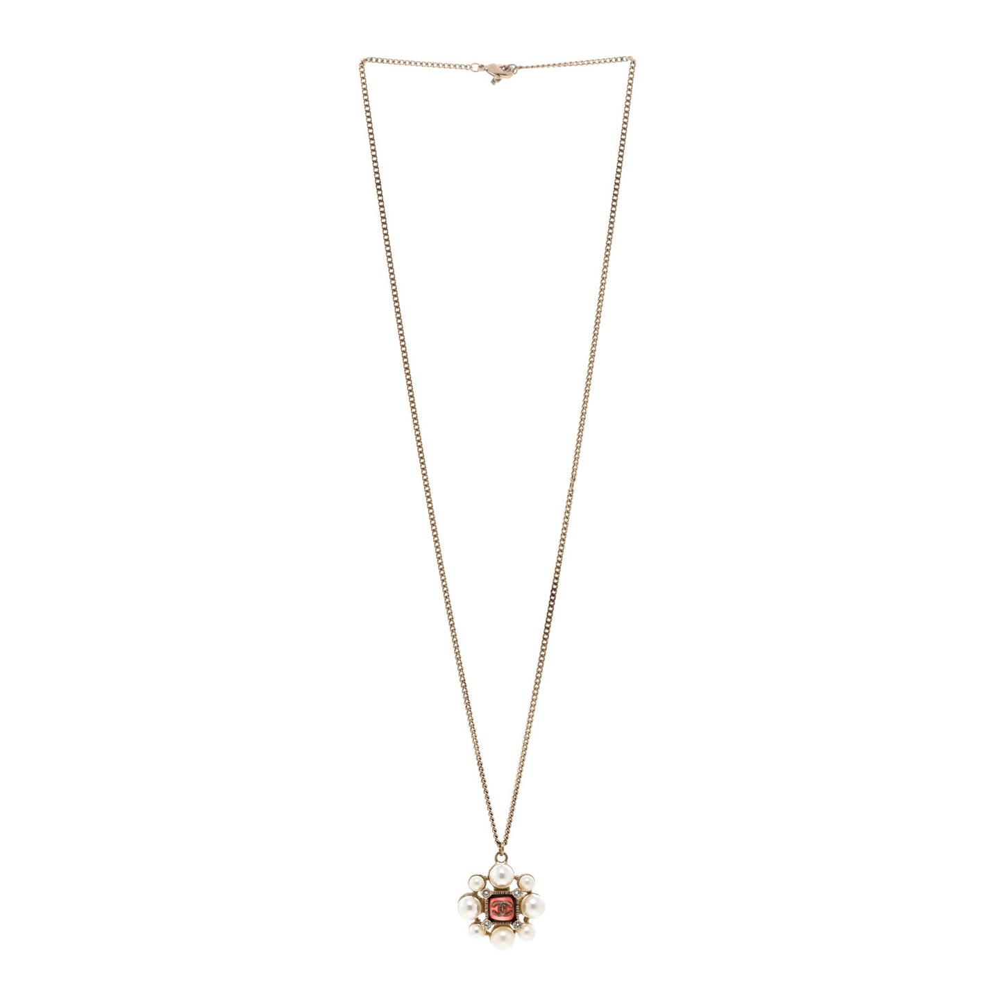 Gripoix Pearl Crystal CC Pendant Necklace Red Gold