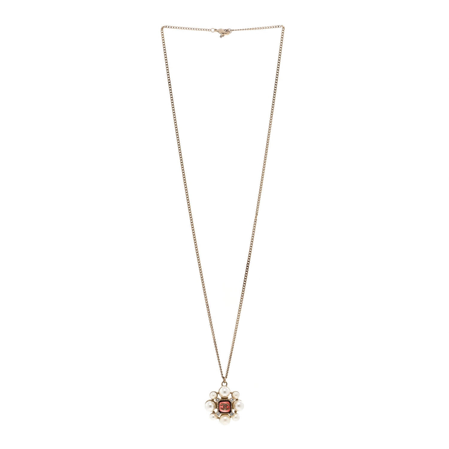 Chanel Gripoix Pearl Crystal CC Pendant Necklace Red Gold 3 of 6