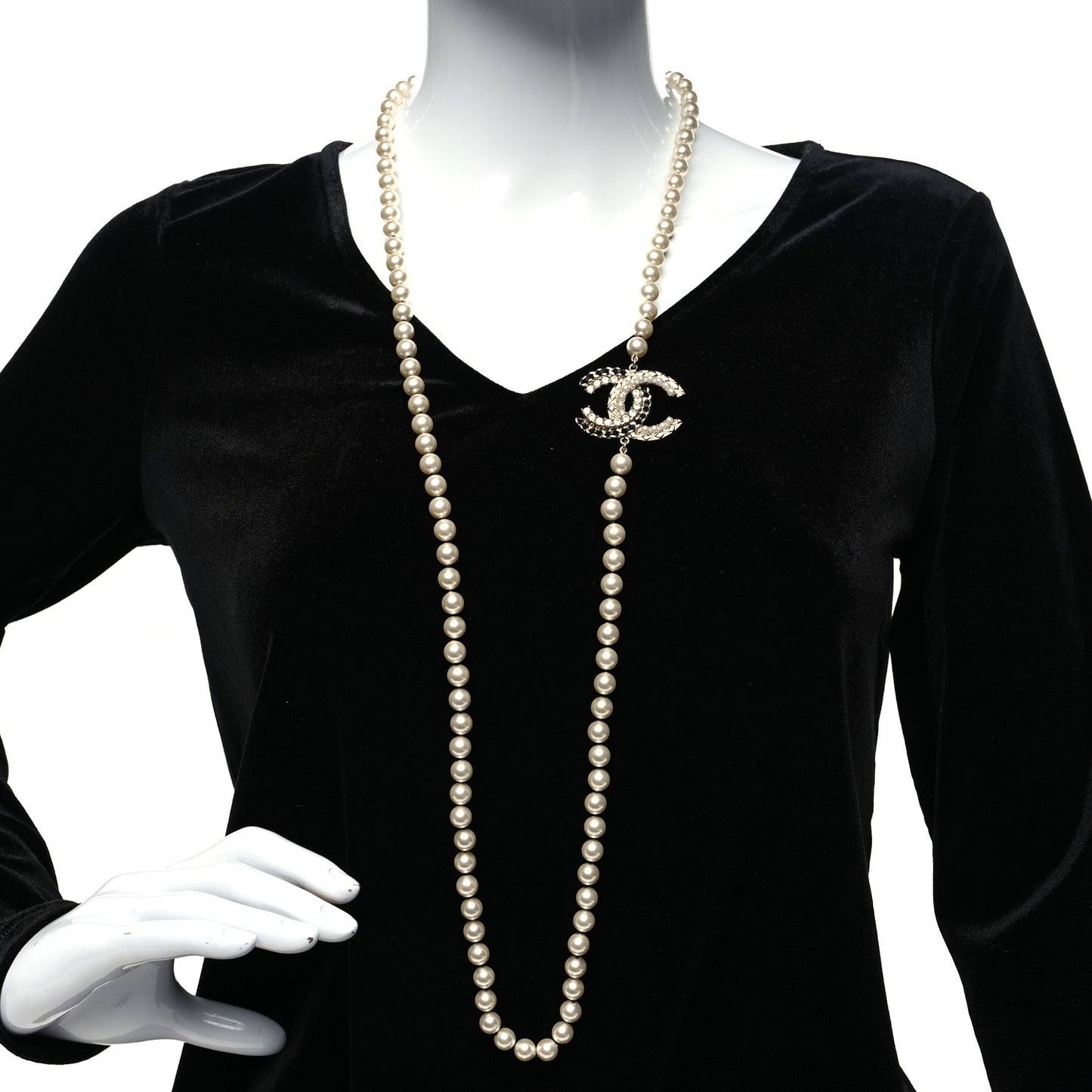 Pearl Crystal Lambskin CC Long Necklace Gold Black
