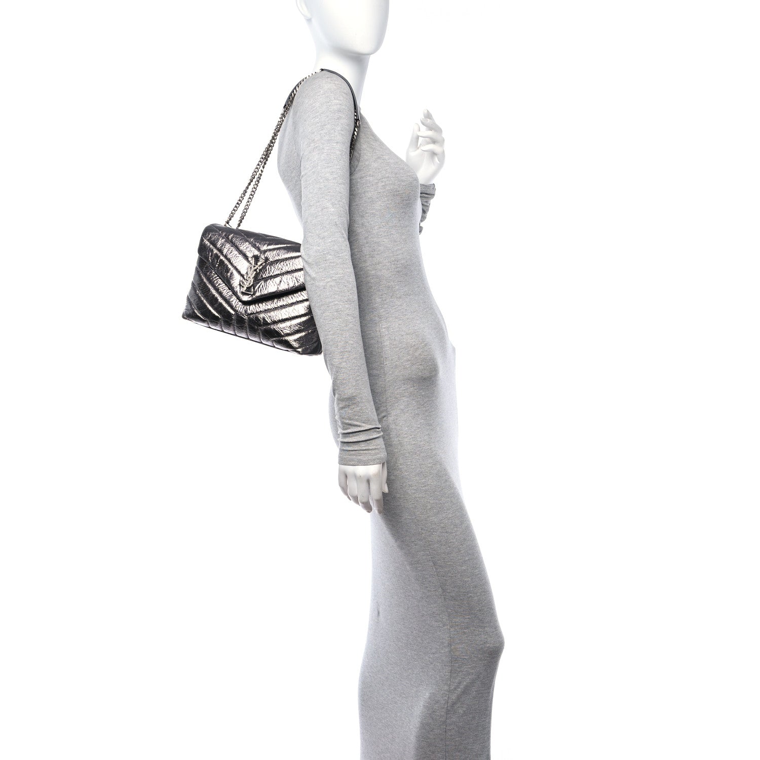 Saint Laurent Metallic Calfskin Y Quilted Monogram Small Loulou Chain Satchel Acciaio 2 of 11