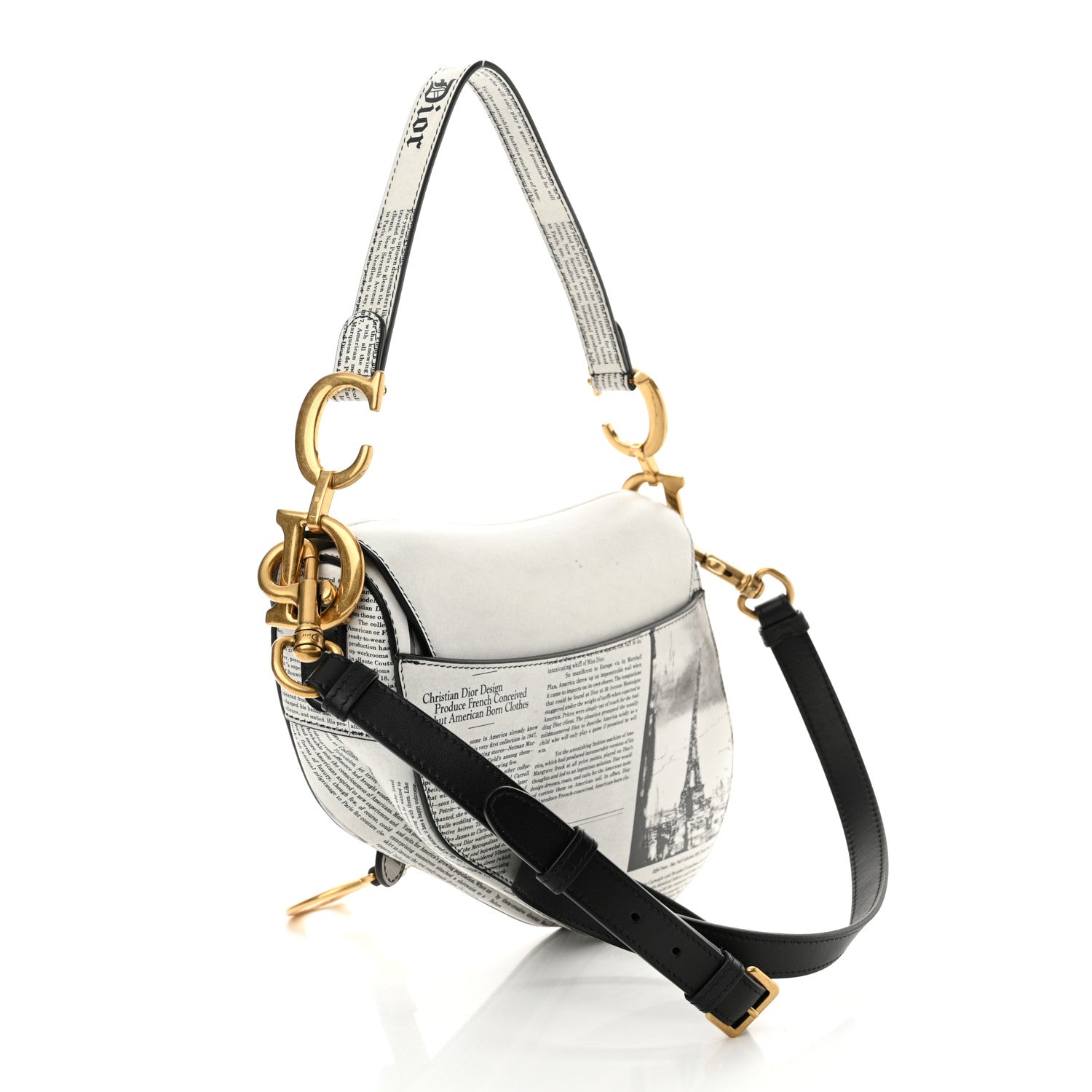 Christian Dior Calfskin Newspaper Printed Saddle Bag With Strap Black White 2 of 13