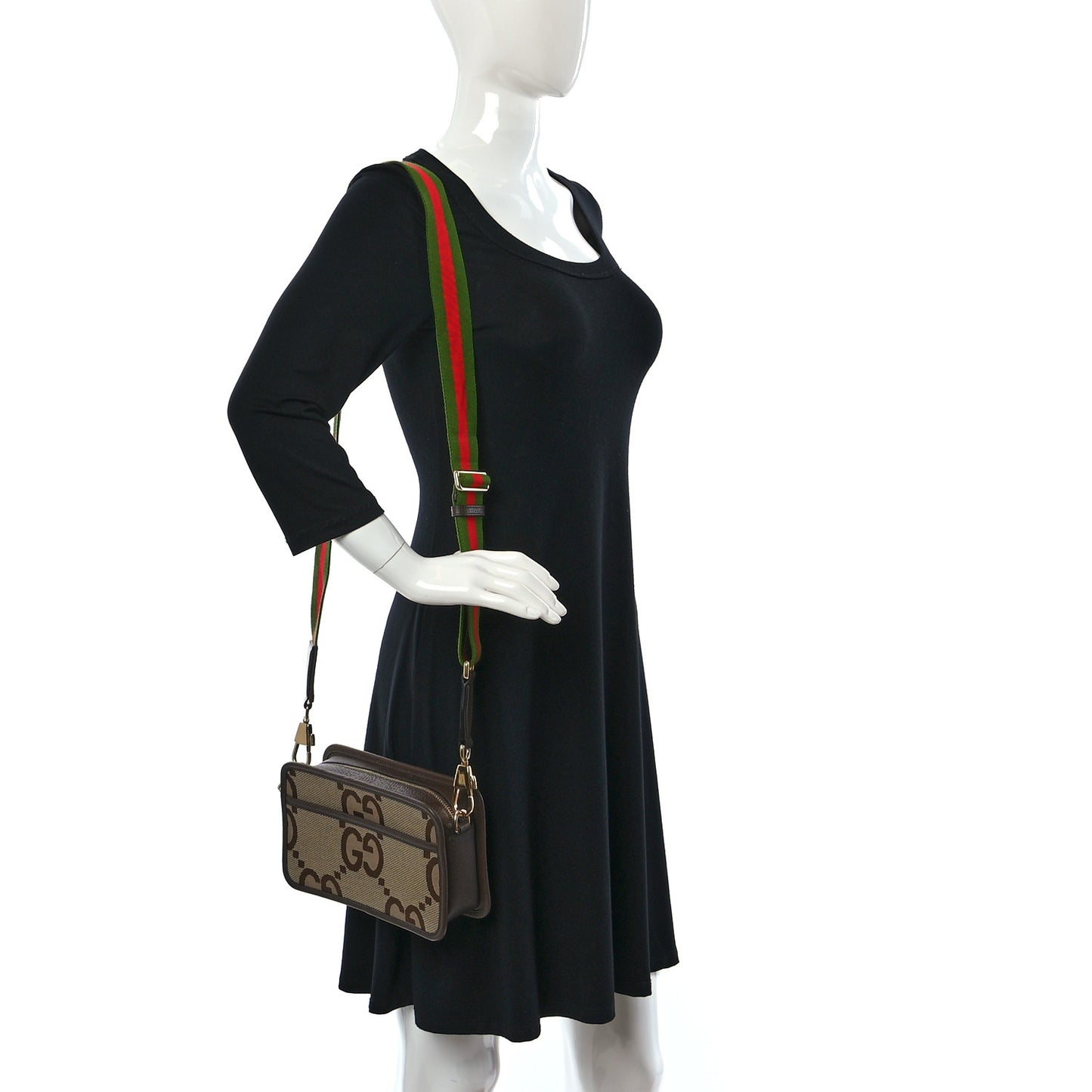 Monogram Jumbo GG Textured Dollar Calfskin Web Mini Crossbody Bag Camel Ebony New Acero