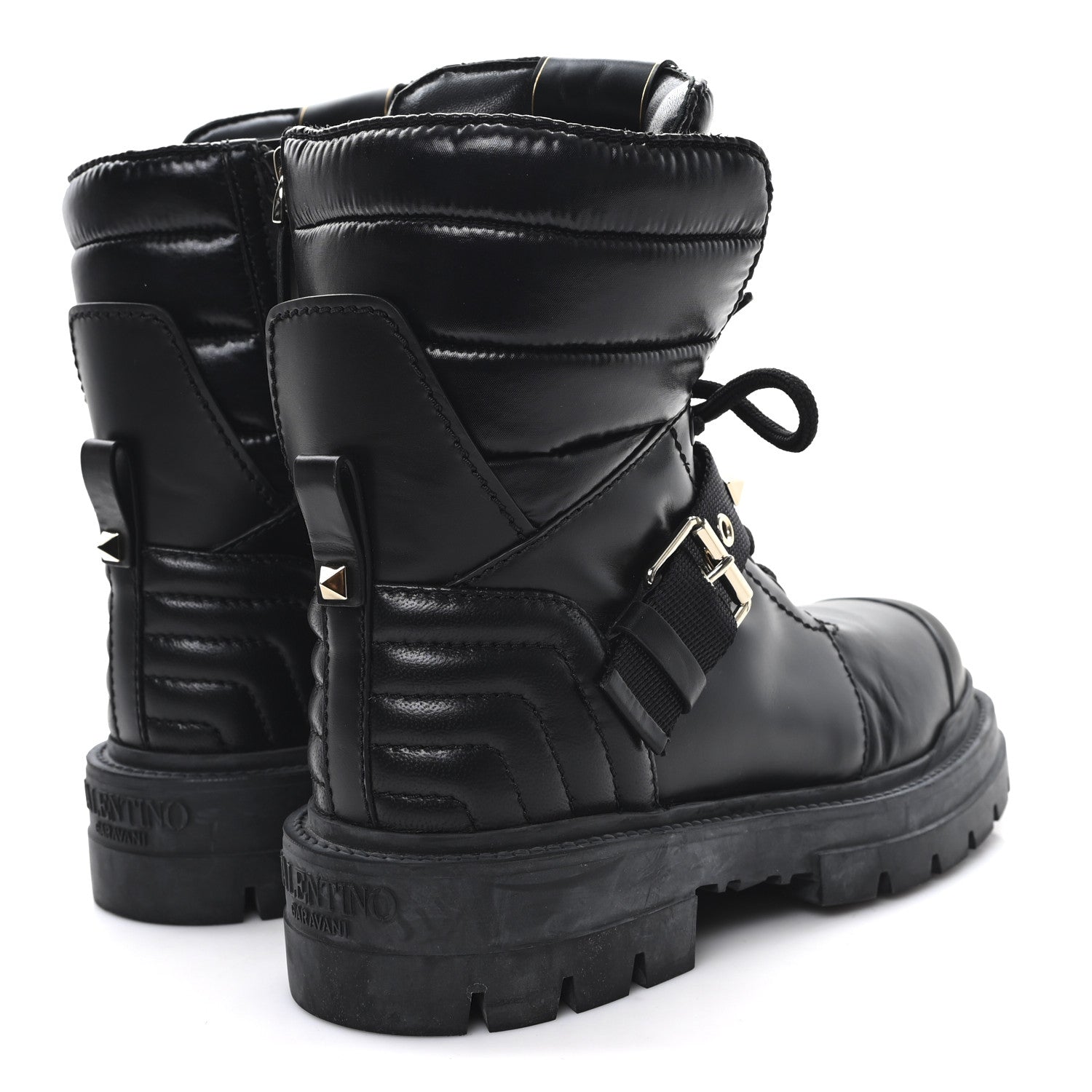 Valentino Garavani Calfskin Nylon Quilted Waterproof Rockstud Combat Boots 36.5 Black 5 of 9