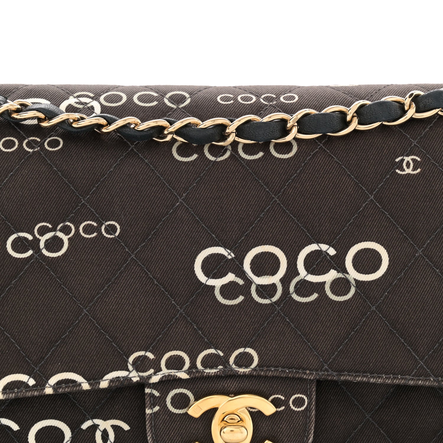 Chanel Canvas Coco Printed Quilted Medium Double Flap Black White 8 of 14