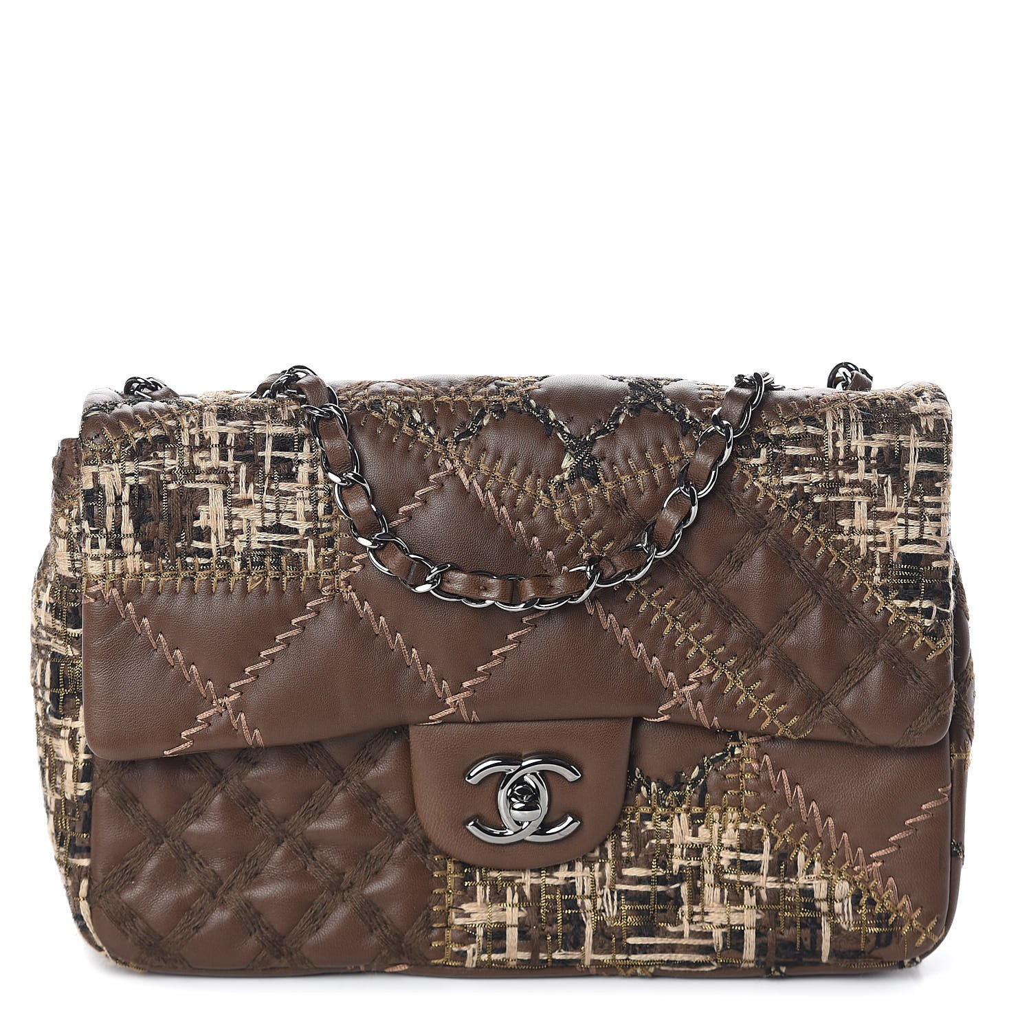 Chanel Lambskin Tweed Stitched Quilted Patch Medium Flap Brown 1 of 10