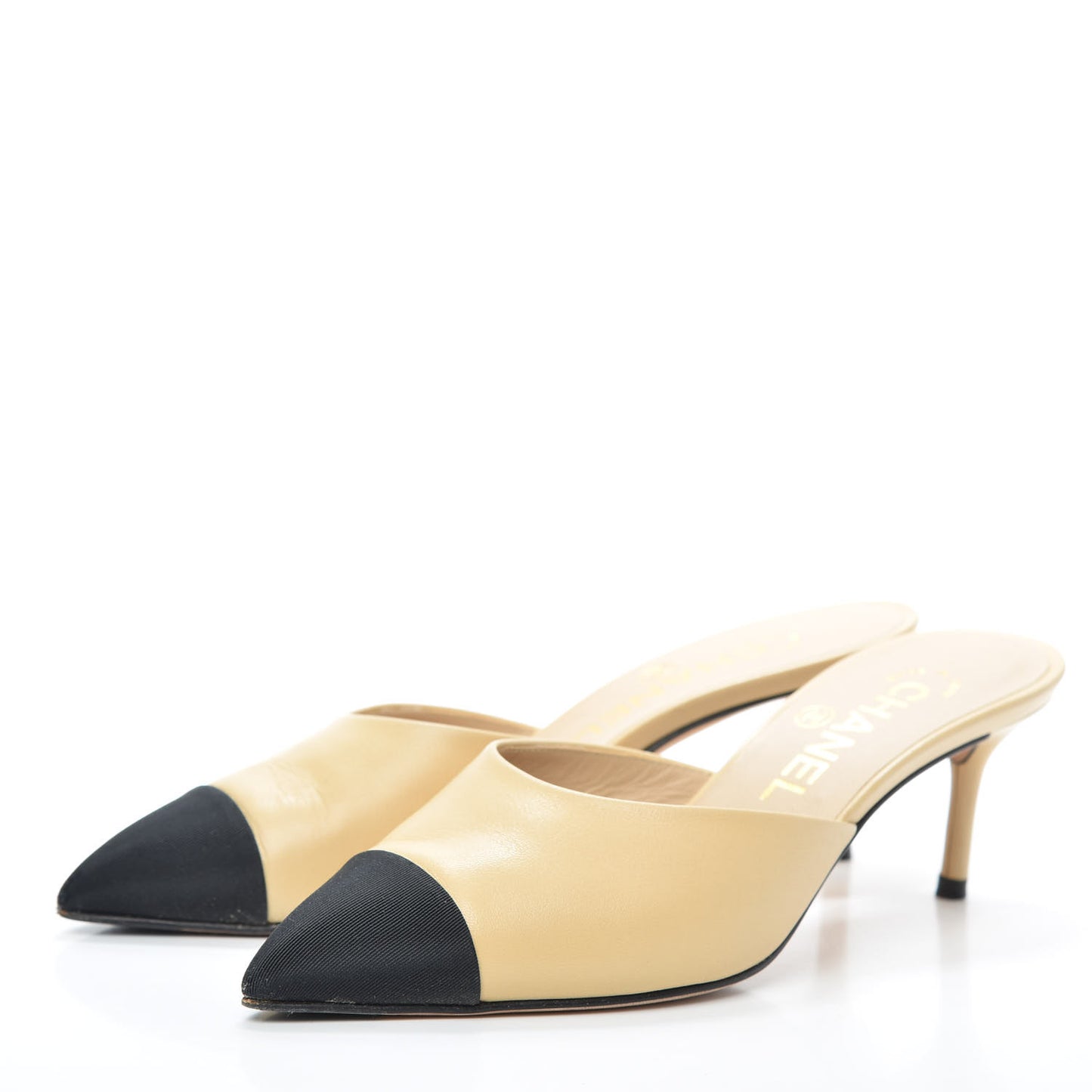 Lambskin Grosgrain Cap Toe CC Mules 35 Beige Black