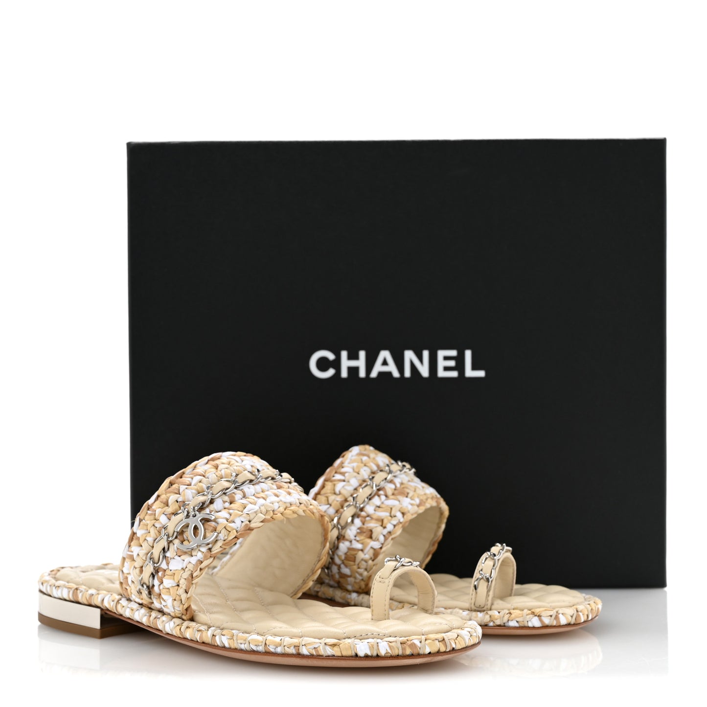 Raffia Lambskin Woven Chain CC Toe Ring Sandals 37 Beige White