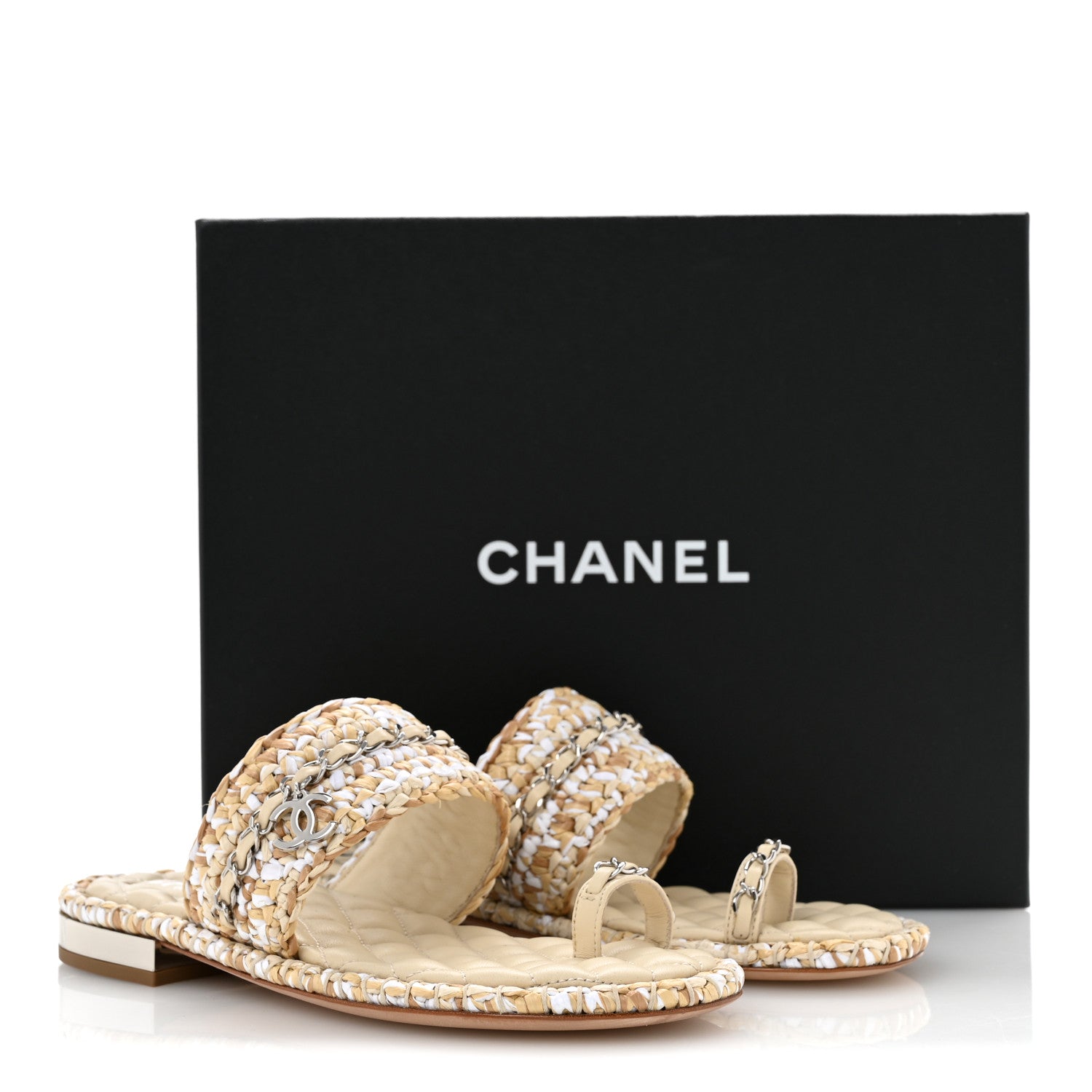 Chanel Raffia Lambskin Woven Chain CC Toe Ring Sandals 37 Beige White 11 of 11