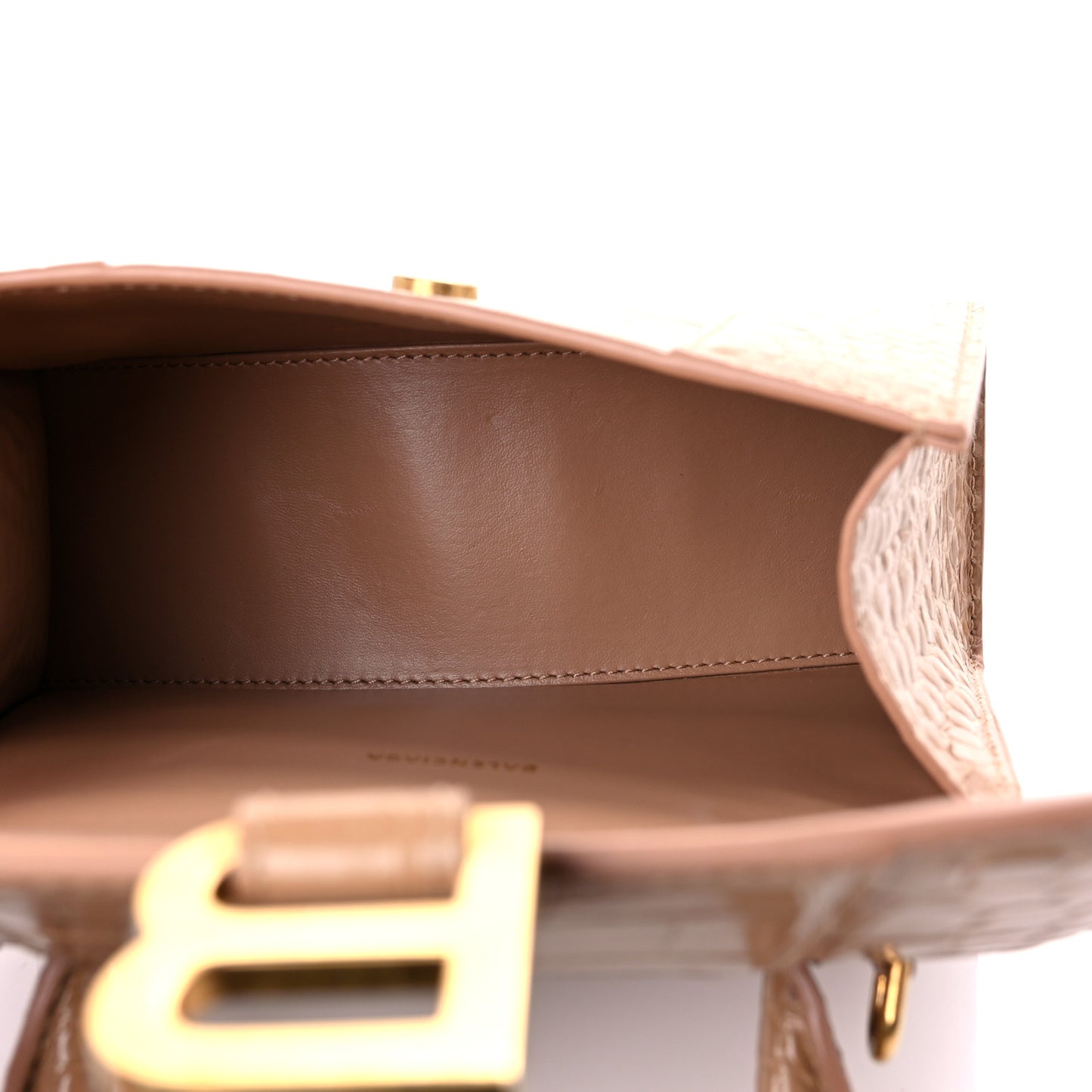 Shiny Calfskin Crocodile Embossed Hourglass Top Handle Bag XS Nude Beige