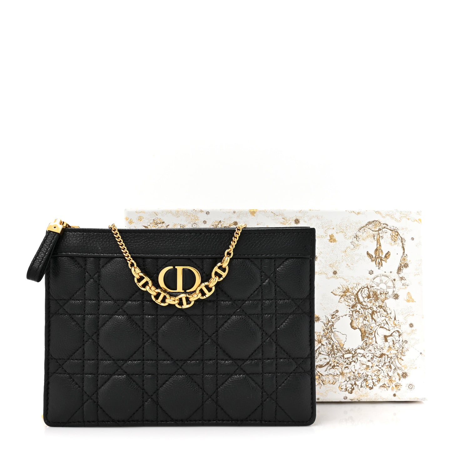 Calfskin Cannage Caro Zipped Pouch With Chain Black