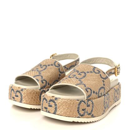 Gucci Raffia GG Monogram Granada Kid Angelina Platform 35mm Slingback Sandals 36 Natural Royale Mystic White 4 of 9