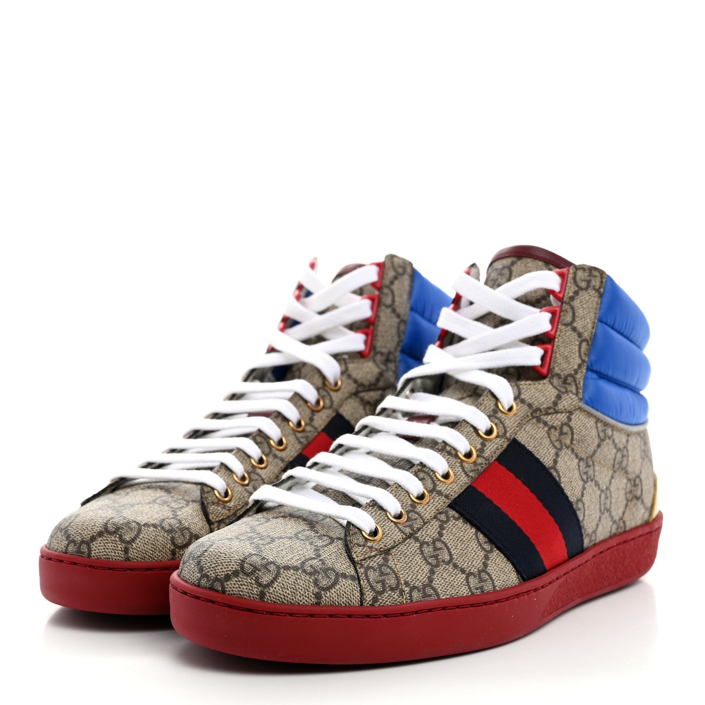 GG Supreme Monogram Nylon Mens Ace High Top Sneakers 8 Beige Red Blue