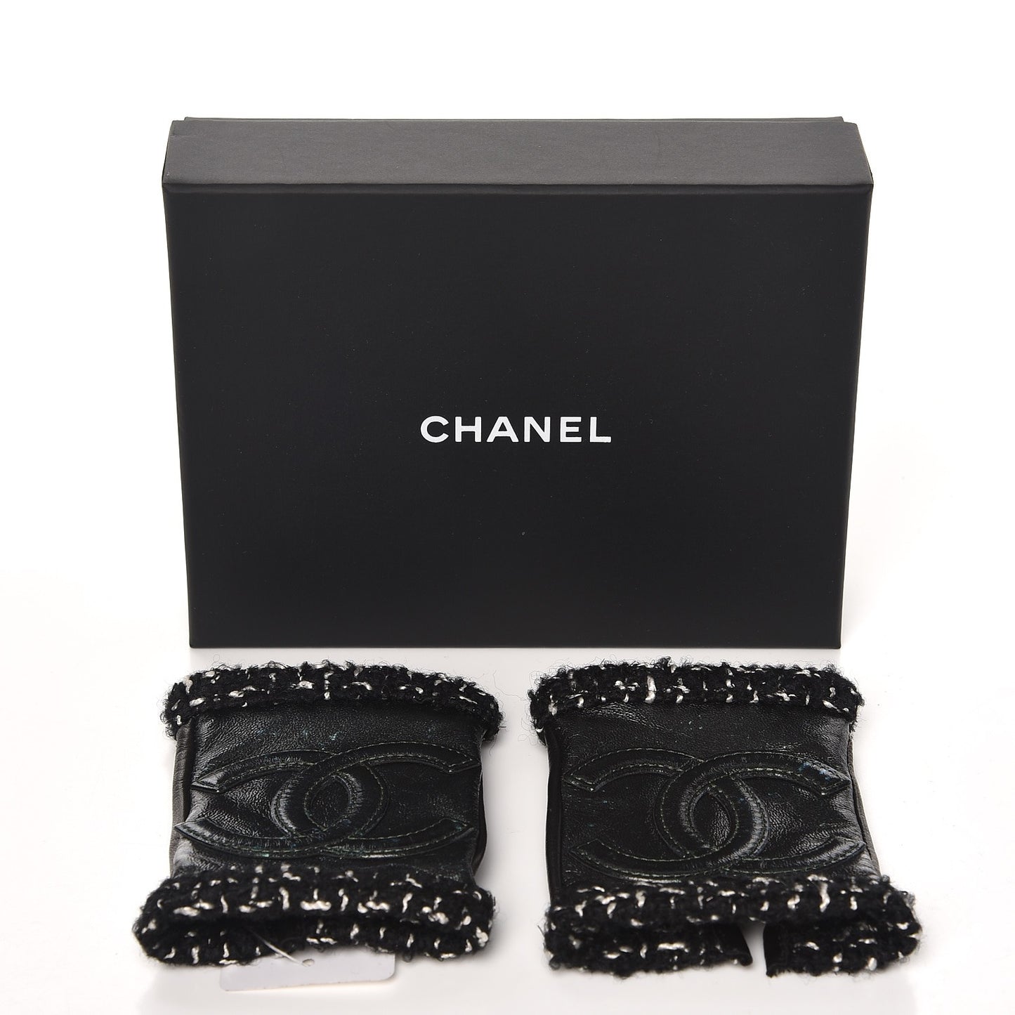 Lambskin Fantasy Tweed CC Fingerless Gloves 6.5 Black Green