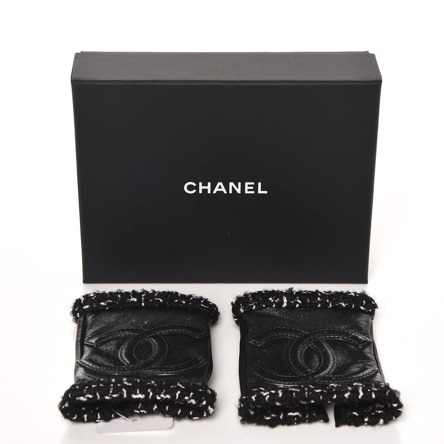 Chanel Lambskin Fantasy Tweed CC Fingerless Gloves 6.5 Black Green 5 of 5
