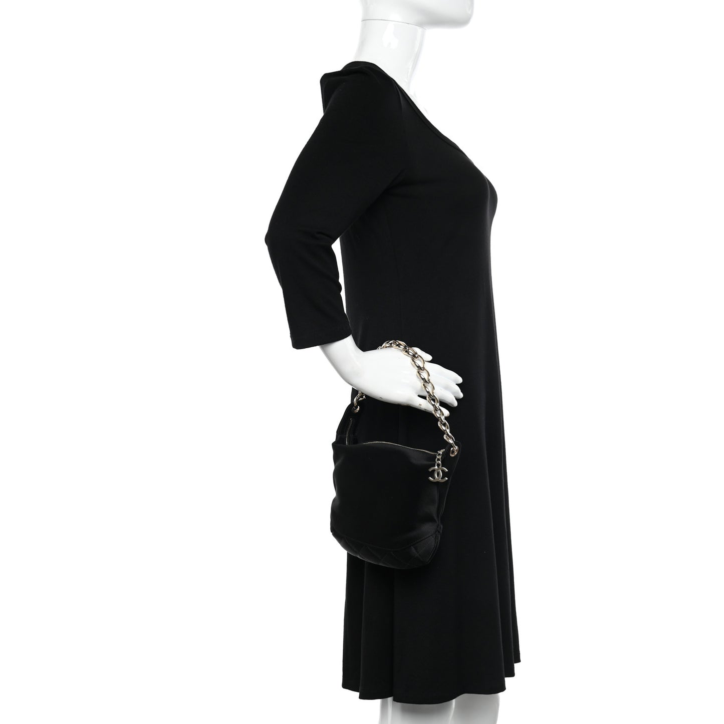 Satin Quilted CC Chain Hobo Black
