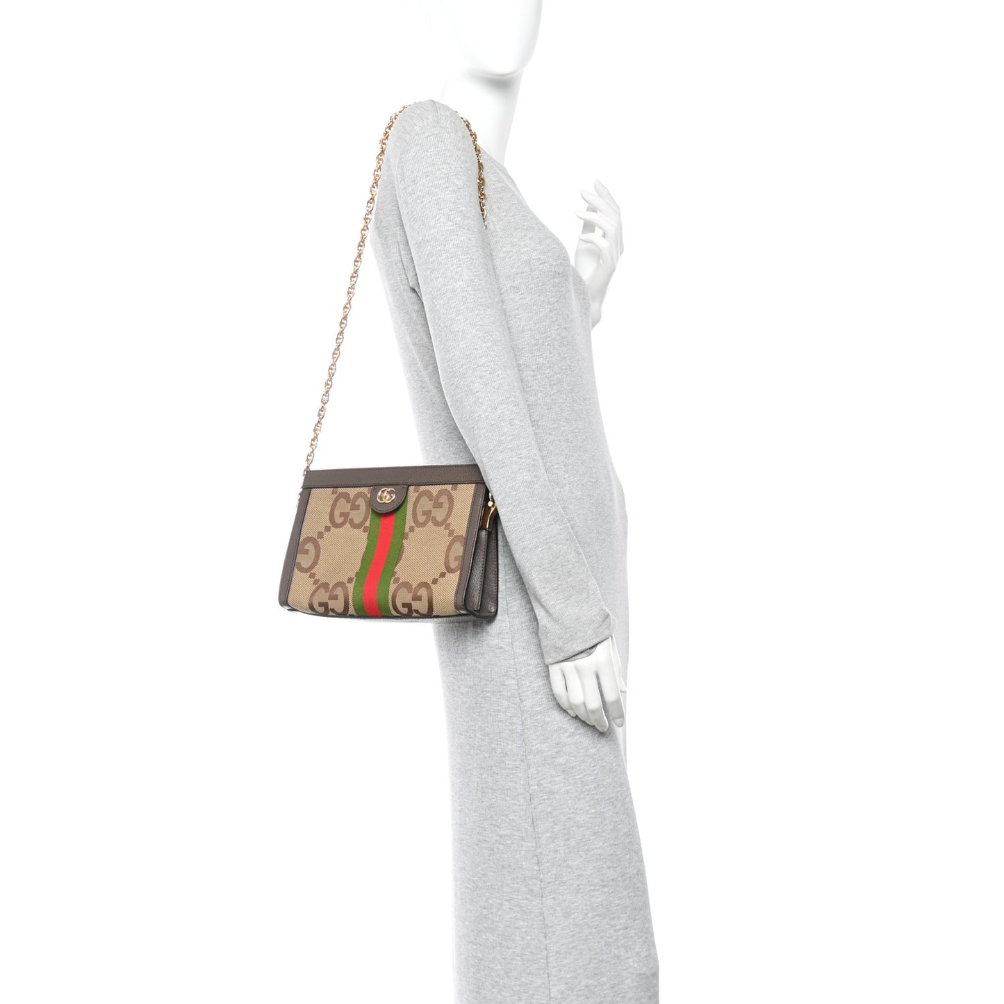 Monogram Jumbo GG Textured Dollar Calfskin Web Small Ophidia Chain Shoulder Bag Camel Ebony New Acero