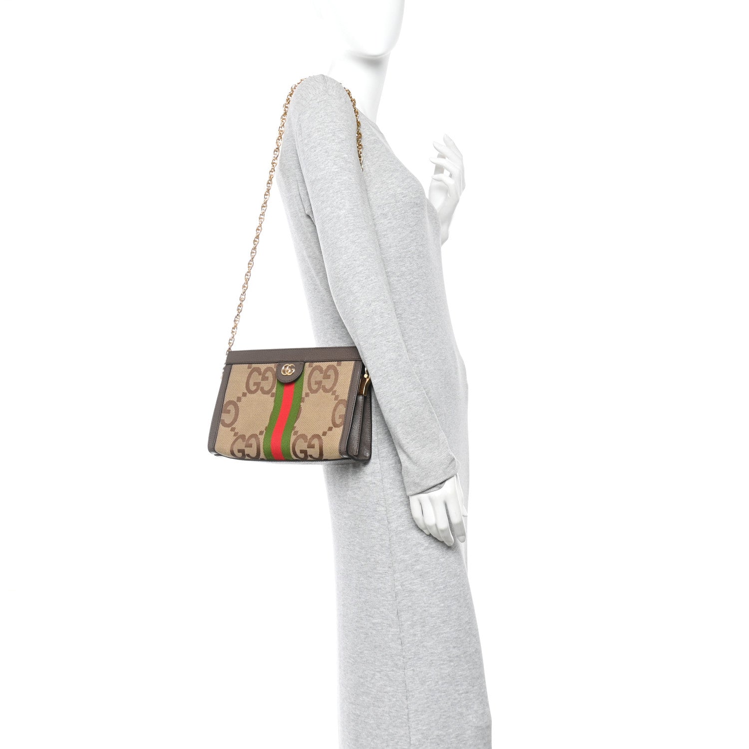 Gucci Monogram Jumbo GG Textured Dollar Calfskin Web Small Ophidia Chain Shoulder Bag Camel Ebony New Acero 2 of 10