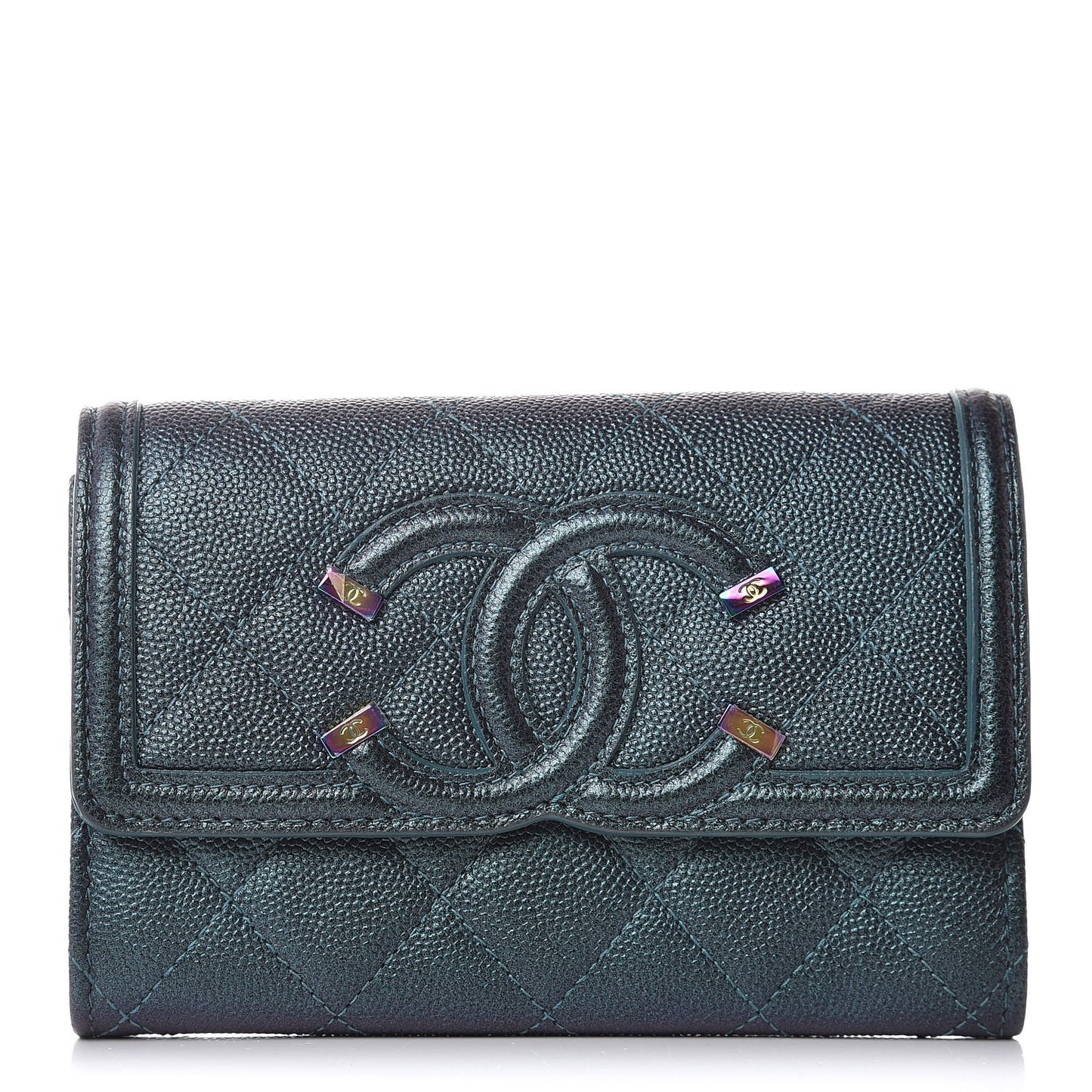 Iridescent Caviar Quilted Medium Filigree Flap Wallet Dark Turquoise