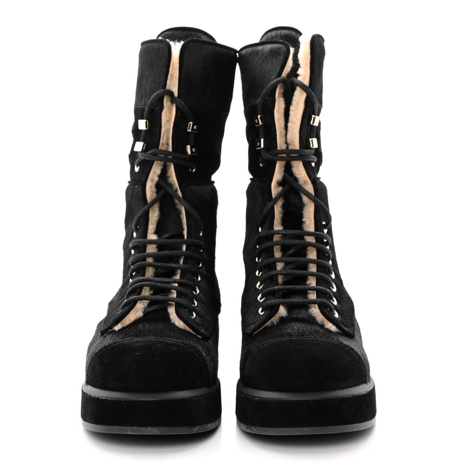 Chanel Suede Pony Hair Shearling Lace Up Combat Boots 38.5 Black White 2 of 11