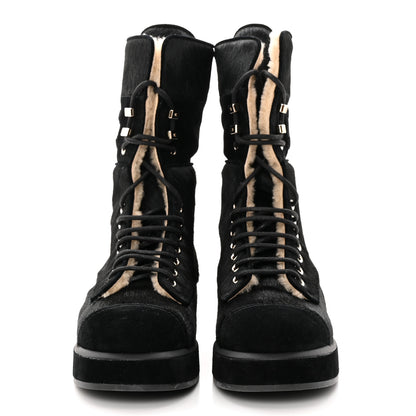 Chanel Suede Pony Hair Shearling Lace Up Combat Boots 38.5 Black White 2 of 11