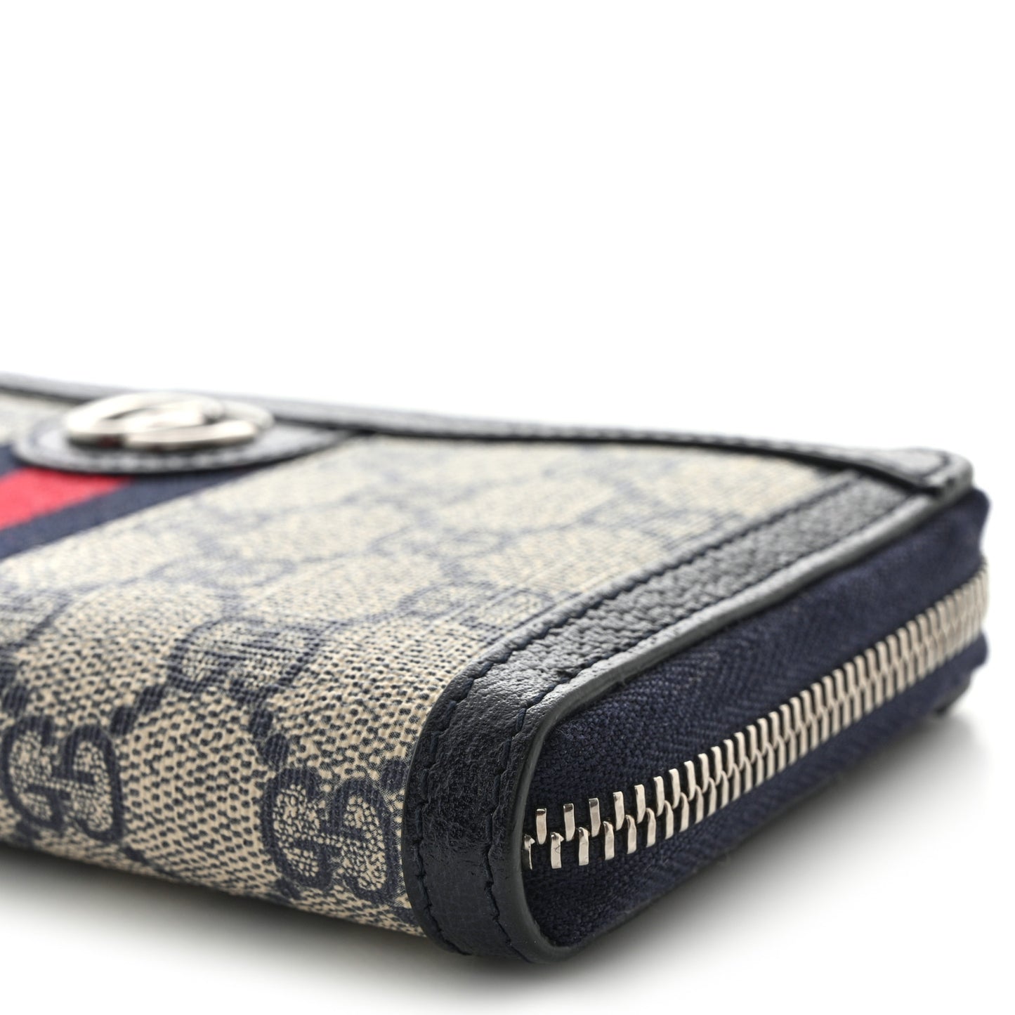 GG Supreme Monogram Textured Dollar Calfskin Web Ophidia Zip Around Wallet Beige Blue