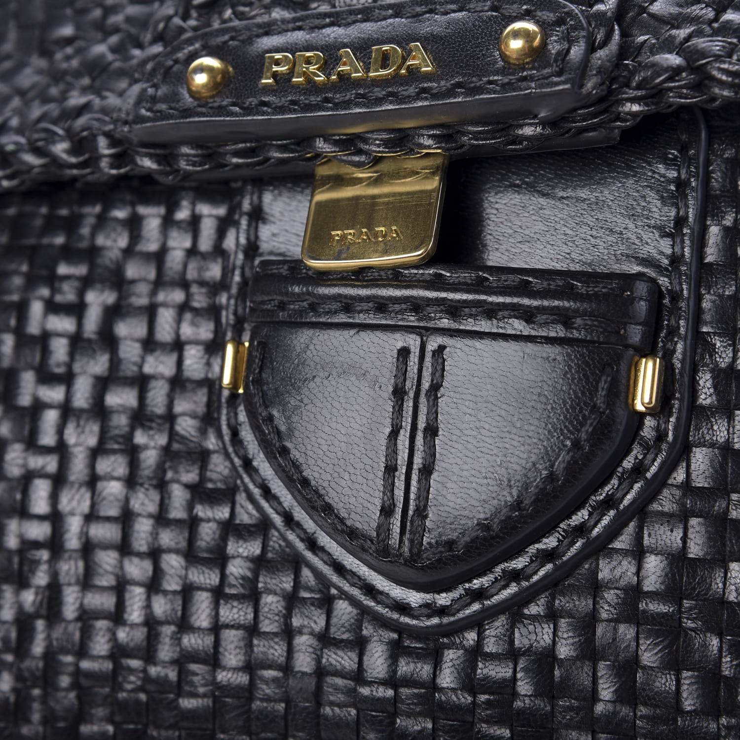 Prada Goatskin Woven Top Handle Satchel Black 13 of 14