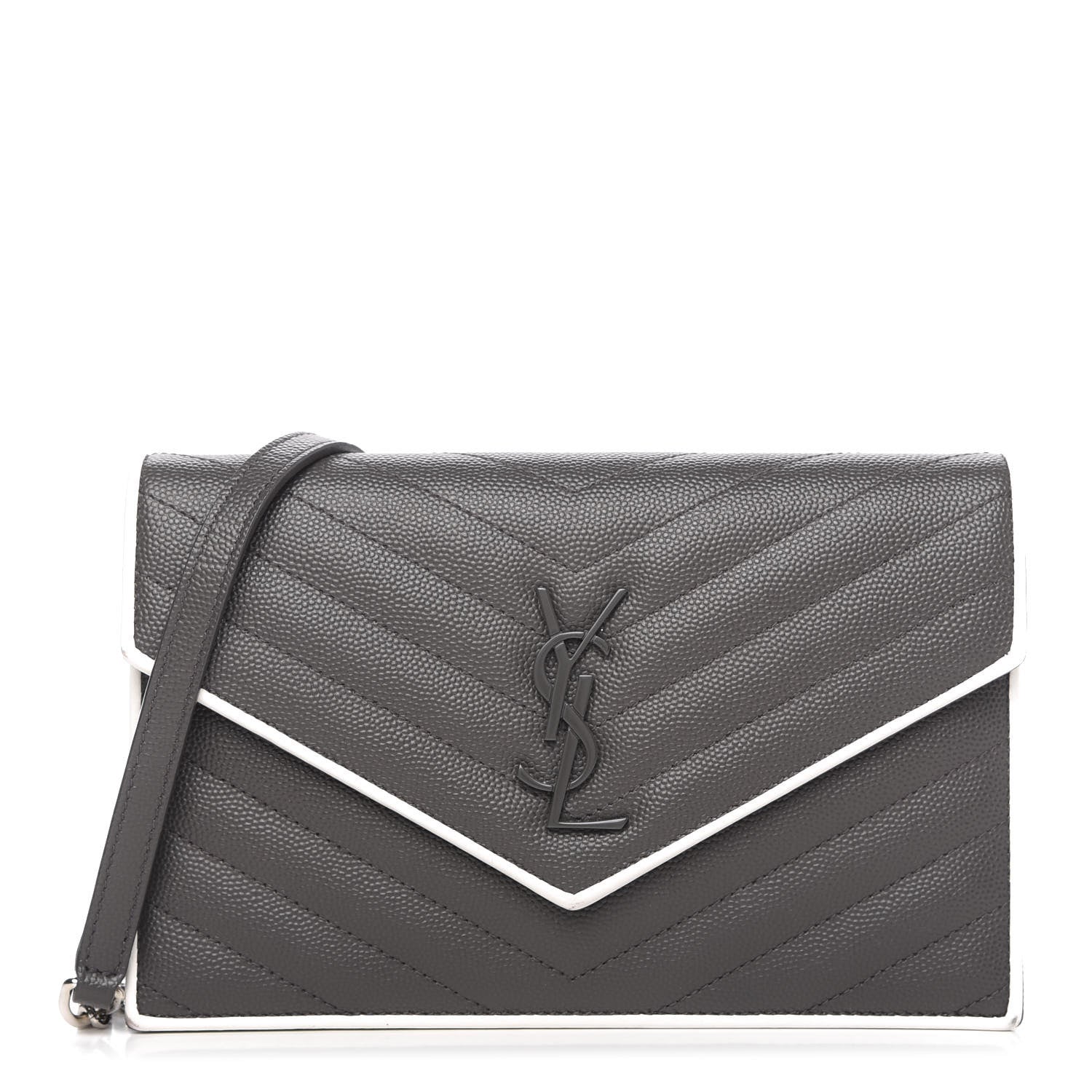 Saint Laurent Grain De Poudre Matelasse Chevron Monogram Chain Wallet Asphalt White 1 of 9