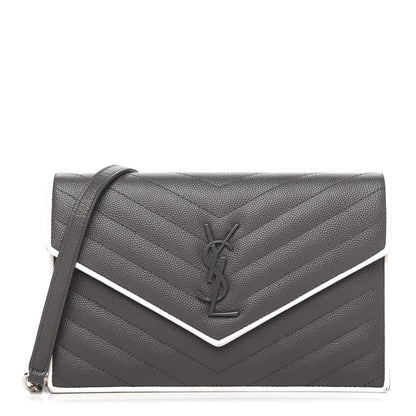 Saint Laurent Grain De Poudre Matelasse Chevron Monogram Chain Wallet Asphalt White 1 of 9