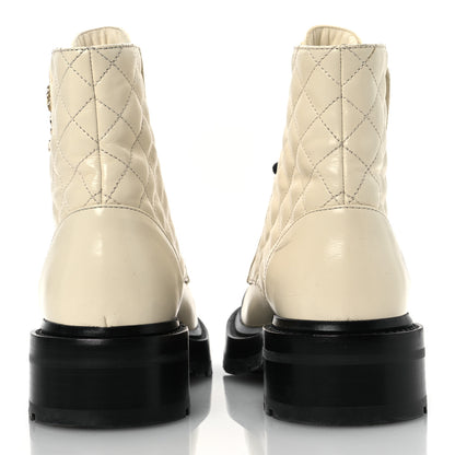 Chanel Shiny Goatskin Calfskin Quilted Lace Up Combat Boots 37 Black White 6 of 14