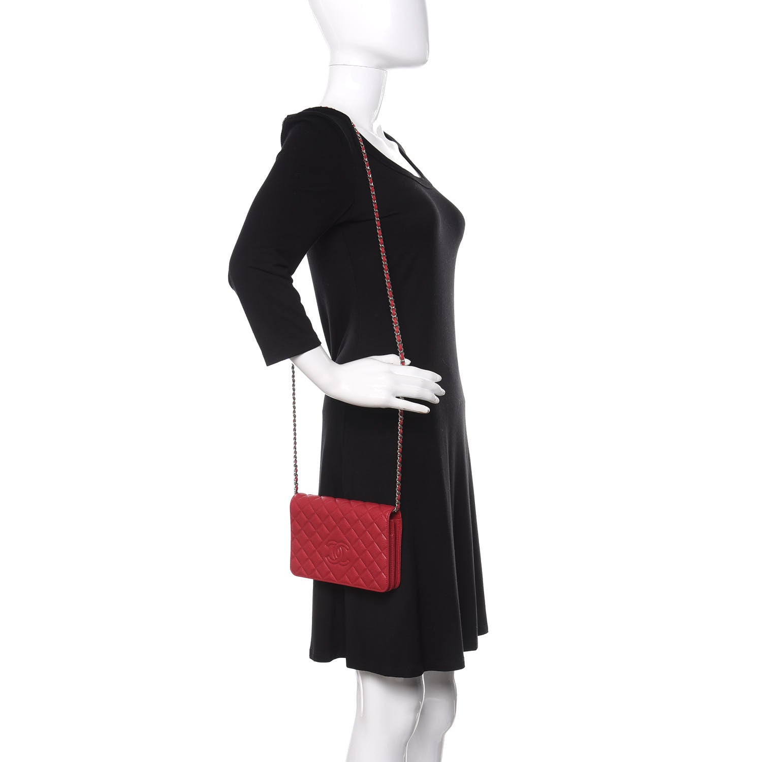 Chanel Caviar Quilted Diamond CC Wallet On Chain WOC Red 2 of 12