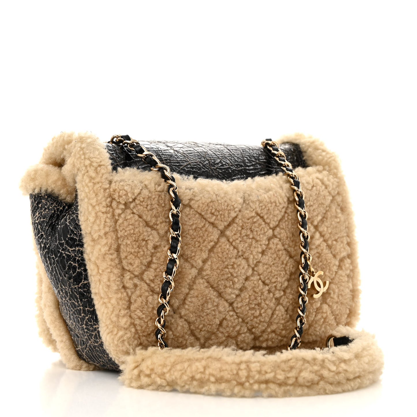 Shiny Crumpled Sheepskin Shearling CC Mania Flap Bag Black Beige