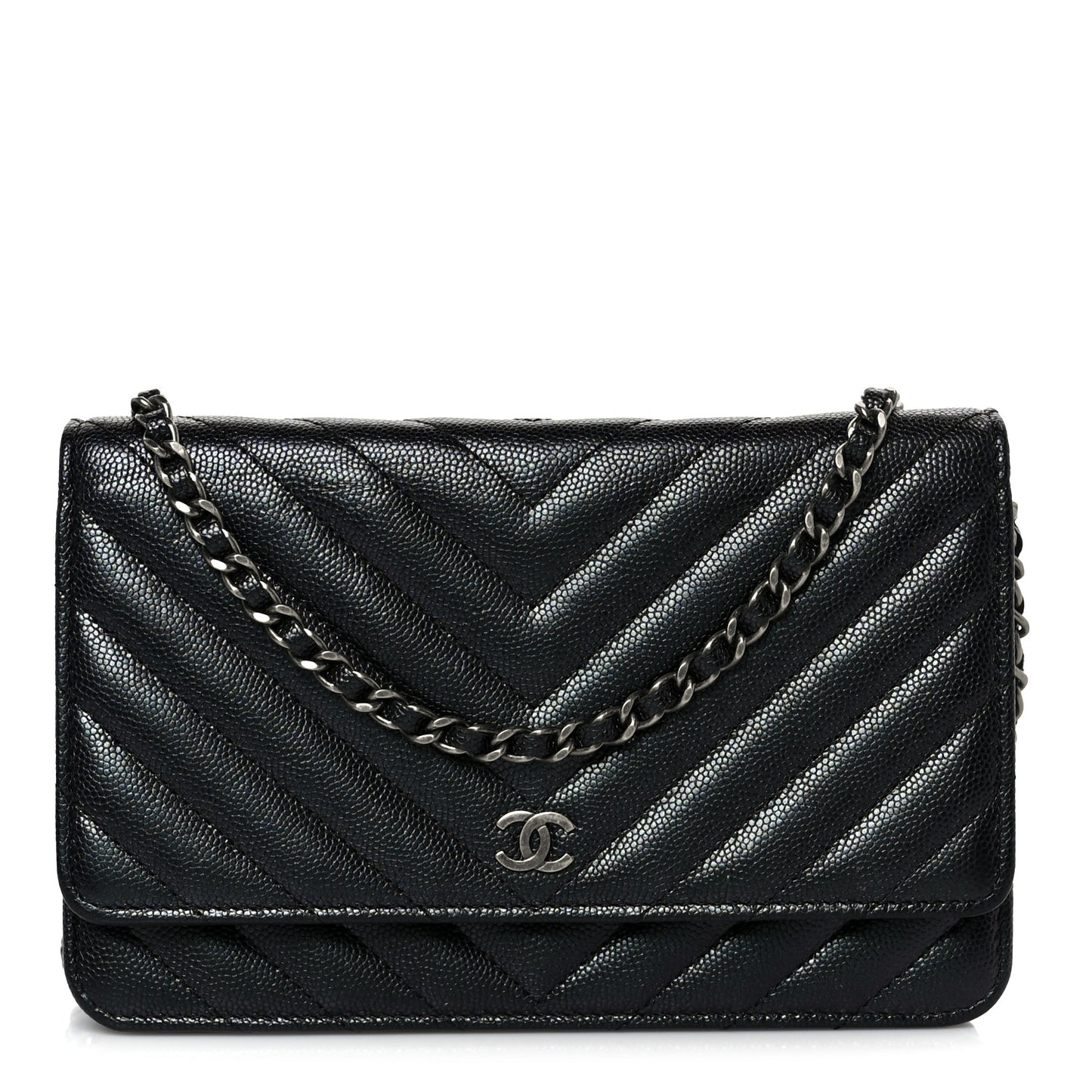 Iridescent Caviar Chevron Quilted Wallet On Chain WOC Black