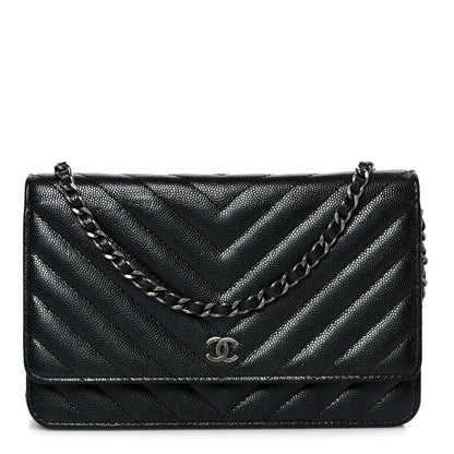 Chanel Iridescent Caviar Chevron Quilted Wallet On Chain WOC Black 1 of 12