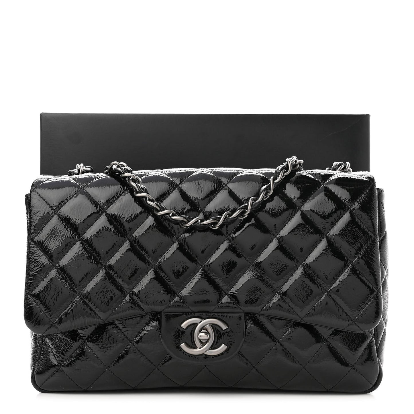 Crinkled Patent Quilted Jumbo Single Flap Black