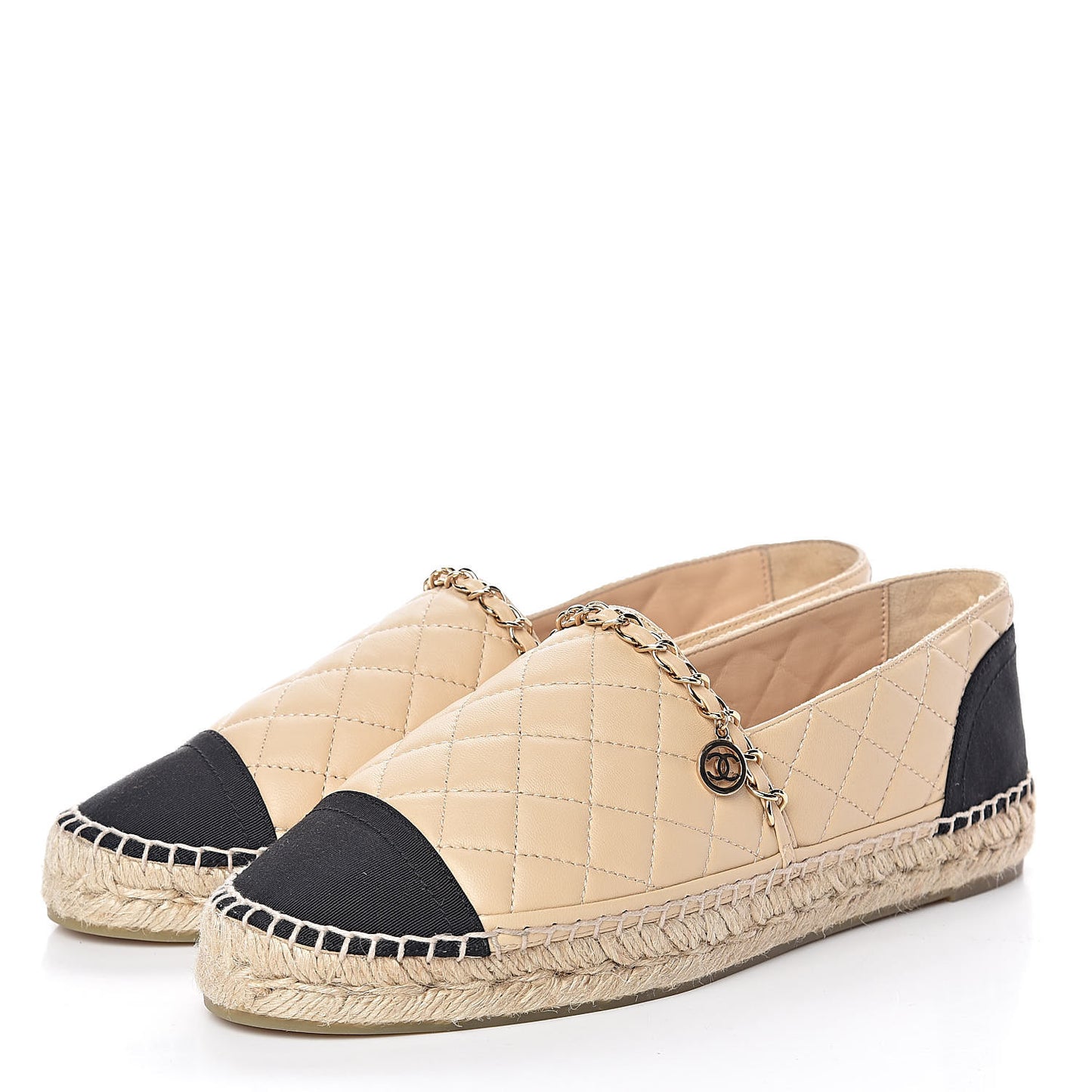 Lambskin Grosgrain Quilted CC Chain Espadrilles 40 Beige Black