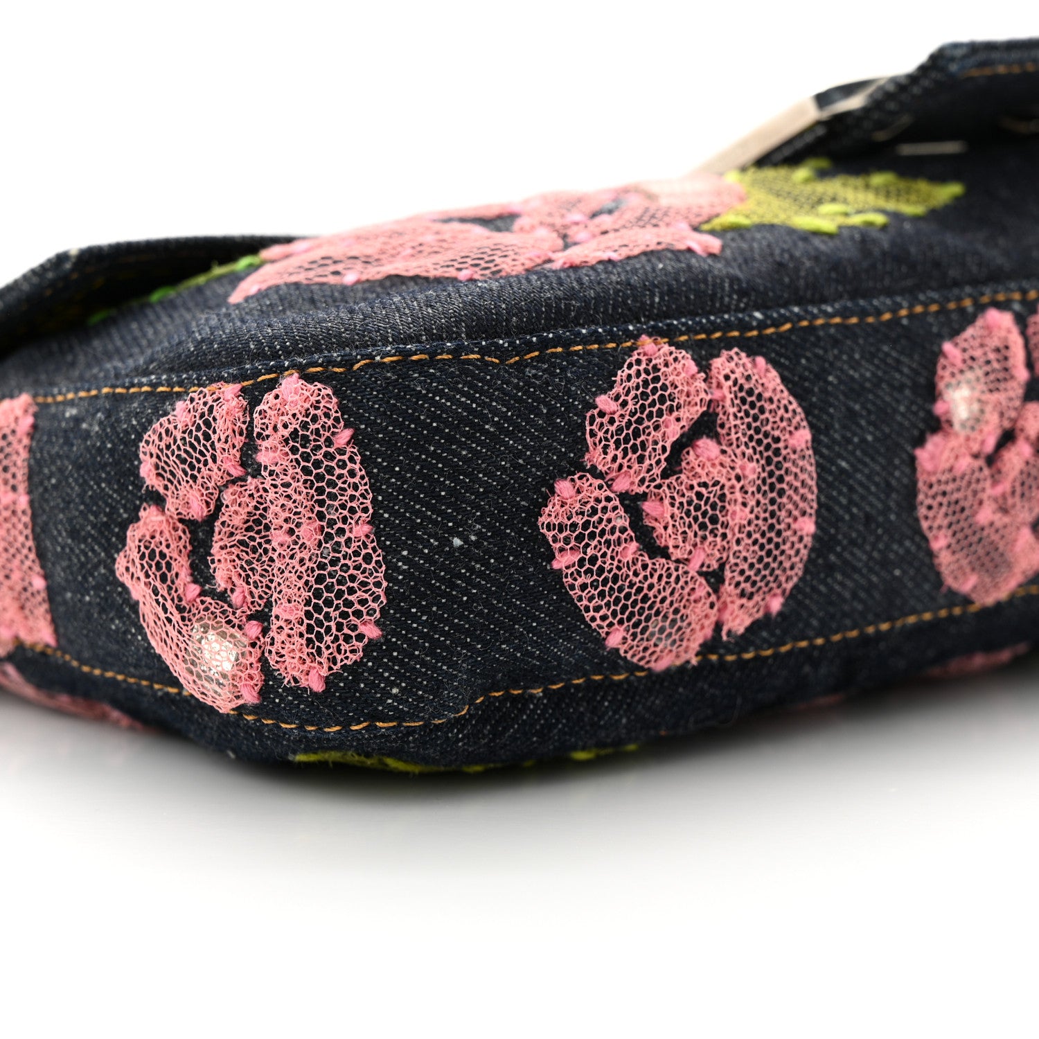 Fendi Denim Lace Embroidered Floral Baguette Blue Multicolor 8 of 9