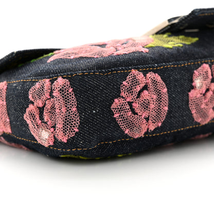 Fendi Denim Lace Embroidered Floral Baguette Blue Multicolor 8 of 9