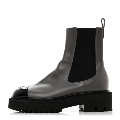 Chanel Crumpled Calfskin Patent Cap Toe Short Boots 38 Dark Grey Black 1 of 9