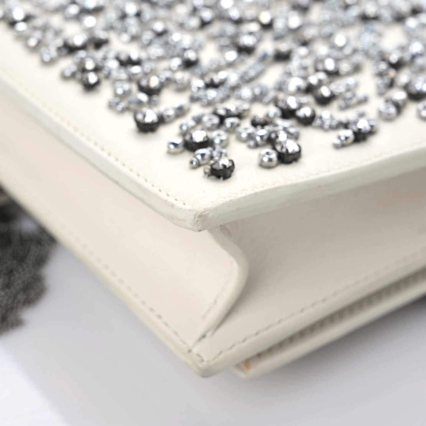 Calfskin Bead Embellished Kate Monogram Tassel Chain Wallet White