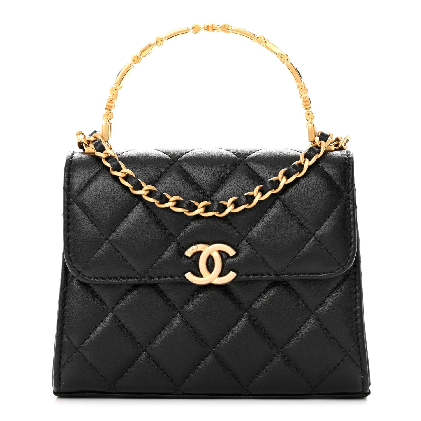 Lambskin Enamel Quilted Top Handle Flap With Chain Black