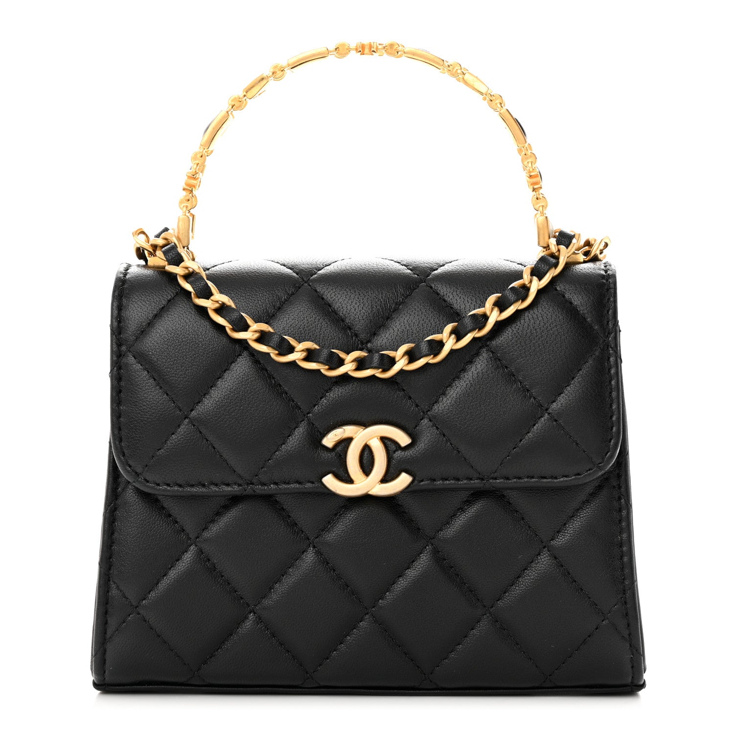 Chanel Lambskin Enamel Quilted Top Handle Flap With Chain Black 1 of 11
