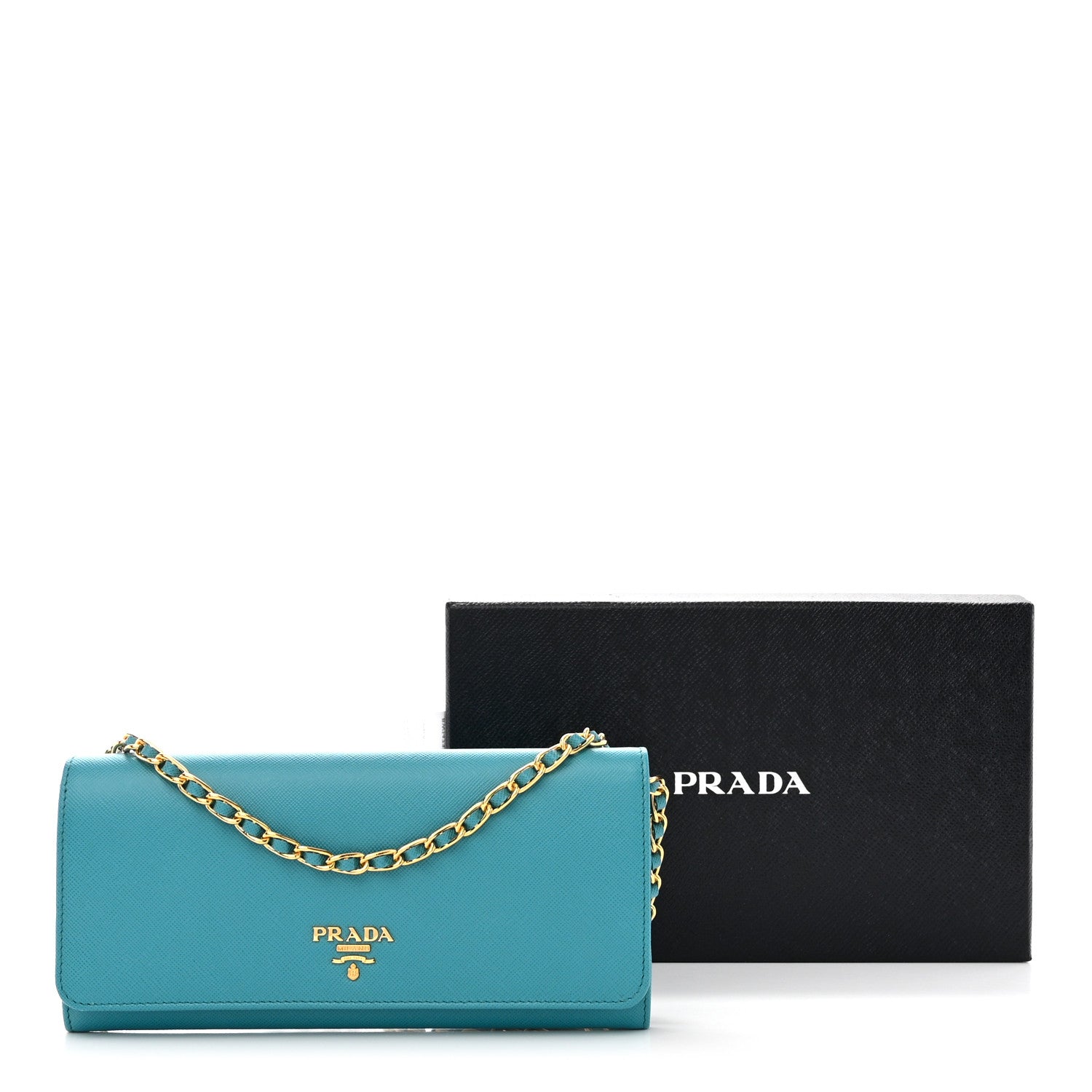 Prada Saffiano Metal Oro Chain Wallet Turchese 13 of 13