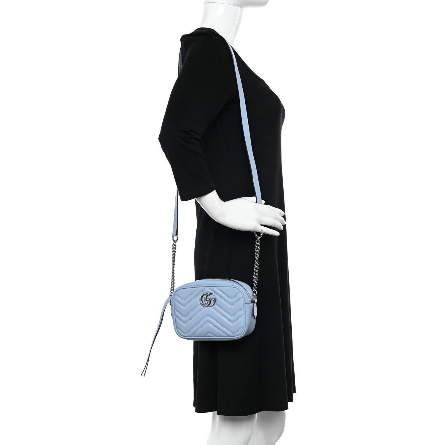 Gucci Calfskin Matelasse Mini GG Marmont Chain Shoulder Bag Porcelain Light Blue 2 of 10