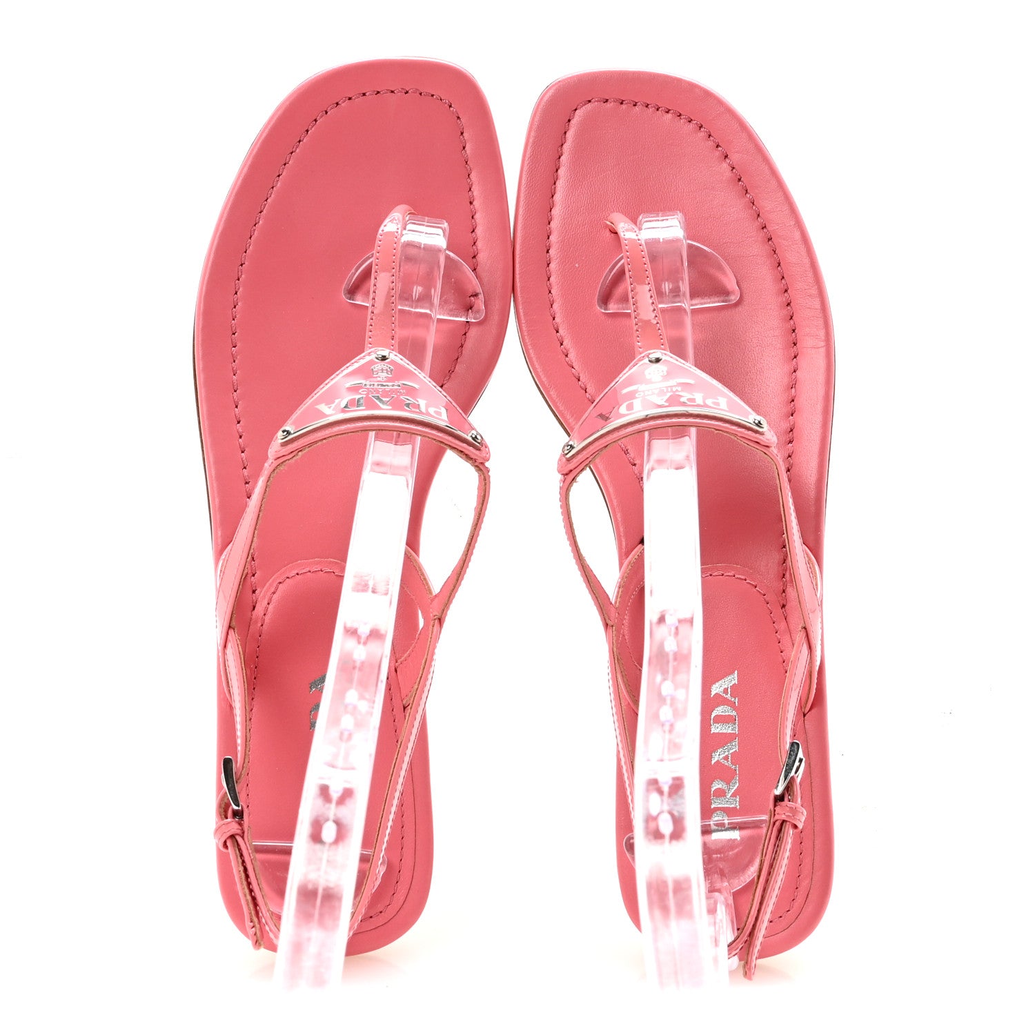 Prada Vernice Metal Triangle Logo Slingback Flat Thong Sandals 38.5 Petalo 2 of 8