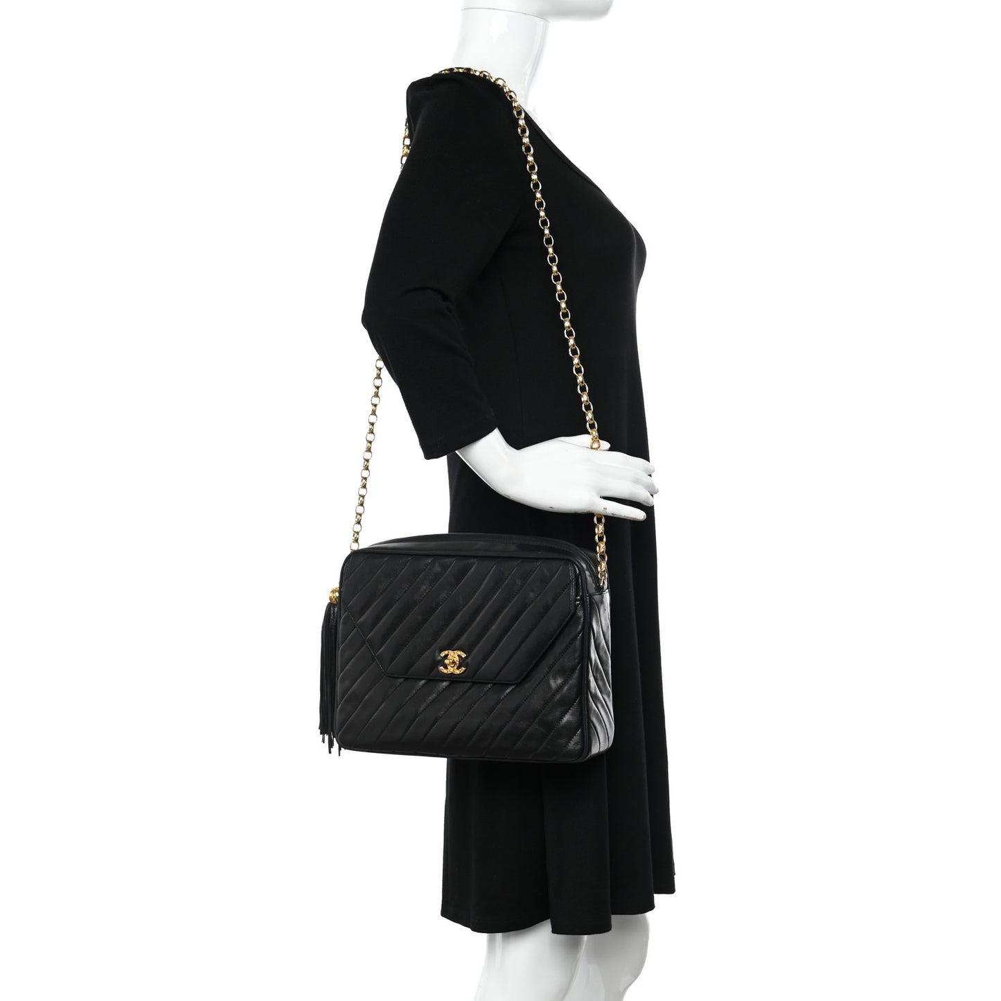 Lambskin Diagonal Quilted Tassel Camera Bag Black